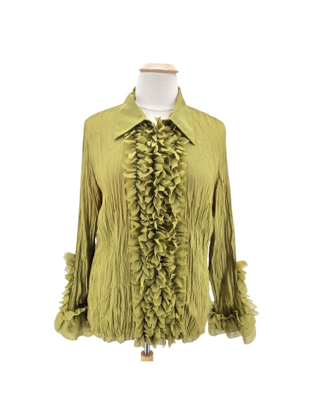 Vintage Kaelyn Max II Womens 2X Top Ruffle Crinkle Green Long Sleeve Blouse